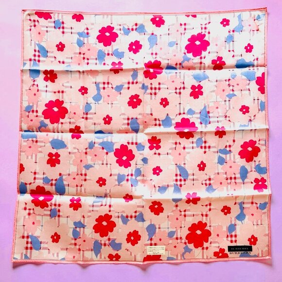 New Burberry Miniscarf/handkerchief 19. 5"cotton/silkpink blue floral check (32) - Picture 11 of 12